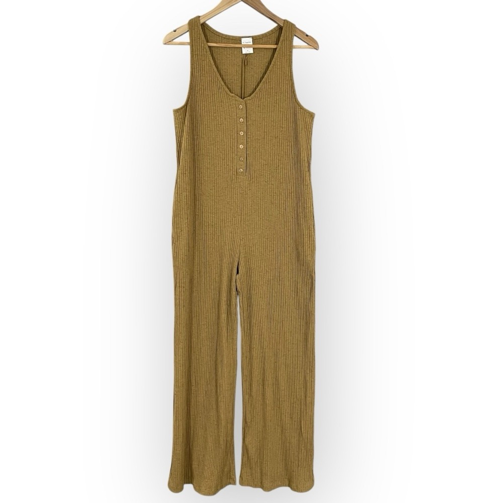 By Together Casual Chic Wide Leg Ribbed Henley Jumpsuit Women M Minimalist Boho